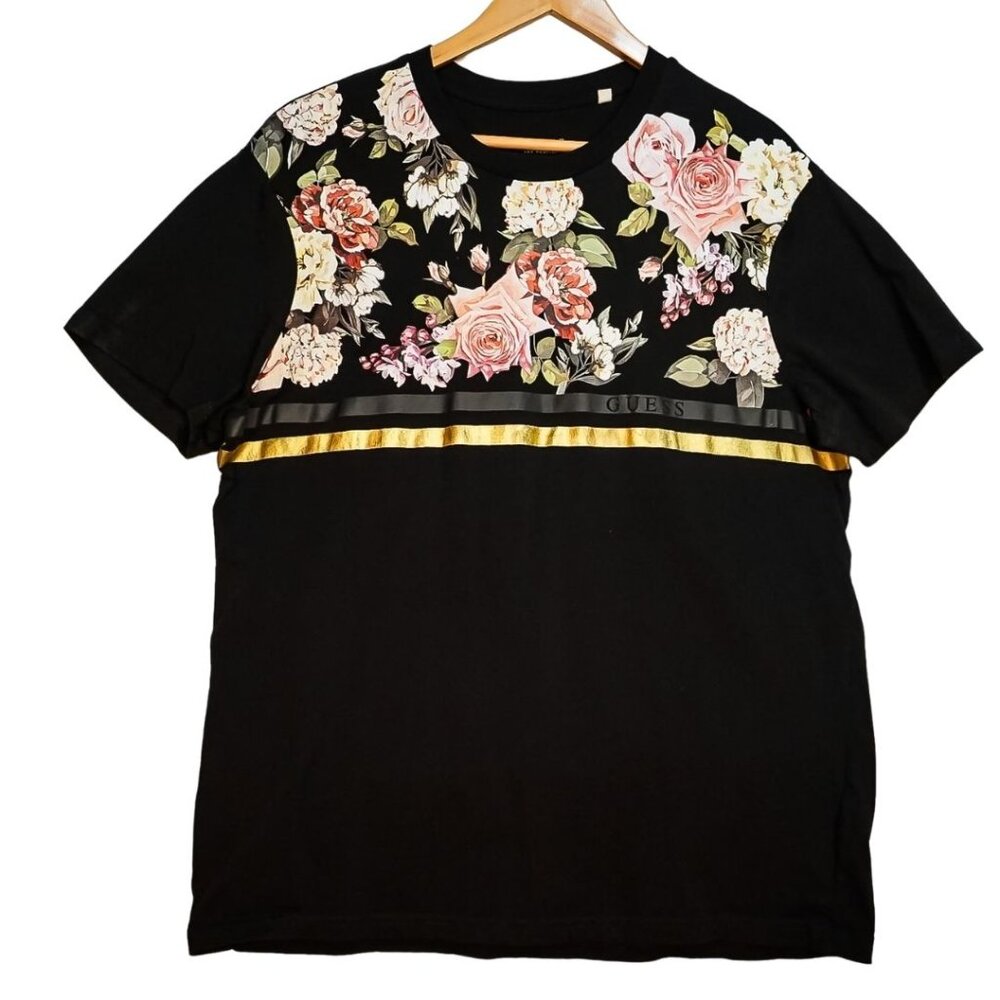 GUESS Men’s XL Black Floral Graphic Tee Gold Stripe Logo Short Sleeve Shirt